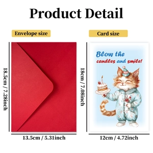 Carte d'anniversaire chat avec enveloppe rouge et dimensions 18x12cm incluses