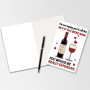 Detalle de tarjeta de San Valentín con botella de vino dibujada y tipografía romántica