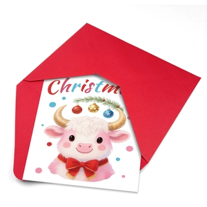 Detailed view of cartoon bull Christmas card with red envelope and festive ornaments