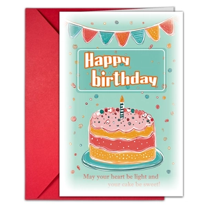 Detail of cartoon birthday card with pink cake illustration and red envelope