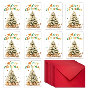 Lot de 10 cartes de Noël avec sapin à l'aquarelle et enveloppes rouges assorties