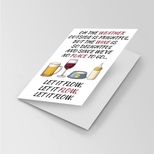Folded Valentine card featuring funny wine and beer illustrations on white paper
