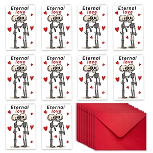 Détail de 10 cartes de Saint-Valentin avec couple squelette et enveloppes rouges