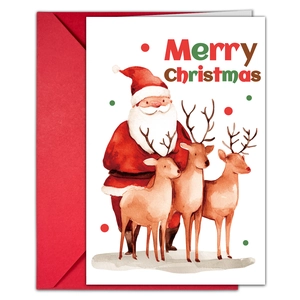 Detailed view of watercolor Santa and reindeer Christmas card with a red envelope