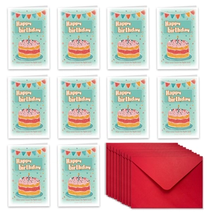 Set of 10 cartoon happy birthday cards with blue cake illustrations and red envelopes