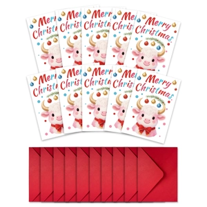 Set of 10 cute pink cow Christmas cards with matching red envelopes and holiday elements
