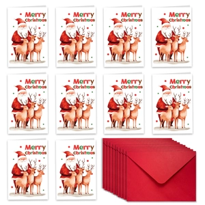 Set of 10 Christmas cards with watercolor Santa and reindeer motifs with red envelopes