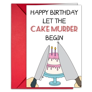 Funny birthday card with a pink cake illustration and a red envelope set