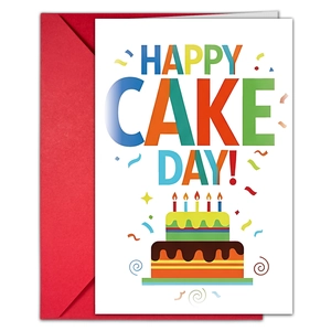 Detail view of Happy Cake Day greeting card with a colorful cake and a red envelope