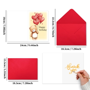 Details zum Geburtstagskarten-Set mit Maßen sowie Aquarell-Bär und Herzballon-Motiv