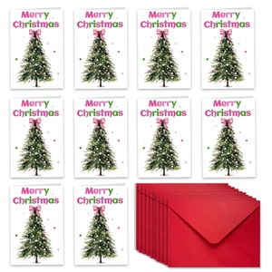 Lot de 10 cartes de vœux Noël avec enveloppes rouges et motifs de sapin de Noël décoré