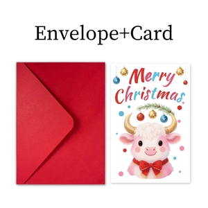 Detail of Christmas greeting card featuring a cute cartoon cow and a red envelope