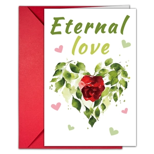 Λεπτομέρεια κάρτας Eternal Love με καρδιά από τριαντάφυλλα και κόκκινο φάκελο