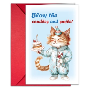 Détail de carte d'anniversaire chat orange avec enveloppe rouge et illustration de gâteau