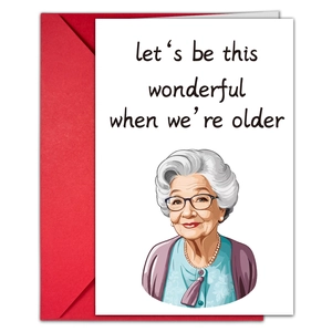Set di biglietti d'auguri con busta rossa e illustrazione di una signora anziana