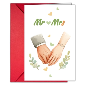 Watercolor Mr & Mrs wedding greeting card with red envelope and hand-holding illustration