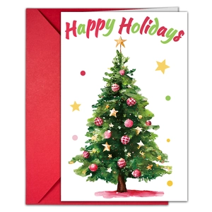 Détail d'une carte de Noël à l'aquarelle avec enveloppe rouge et sapin festif