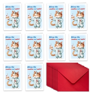 Lot de 10 cartes d'anniversaire chat dessin animé avec enveloppes rouges de qualité
