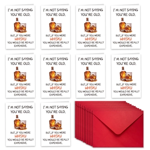 Set de 10 tarjetas del día del padre con diseño de whisky y sobres rojos en blanco