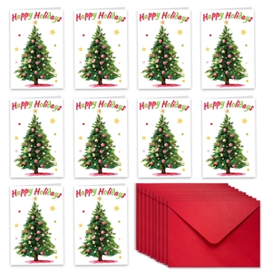 Lot de 10 cartes de Noël avec sapins à l'aquarelle et enveloppes rouges pour vos vœux