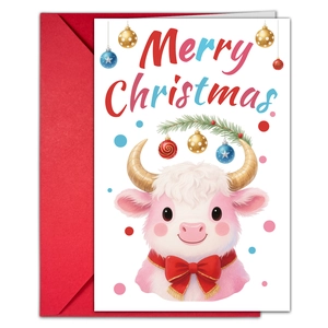 Detail of Christmas greeting card featuring cute pink cow illustration and red envelope