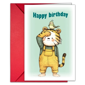 Détail d'une carte d'anniversaire tigre avec enveloppe rouge et texte Happy Birthday