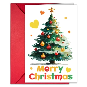Détail de carte de Noël aquarelle avec texte Merry Christmas et enveloppe rouge
