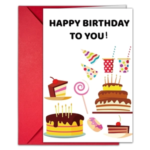 Close-up of birthday card with colorful party illustrations and red envelope