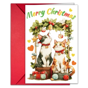 Detailed view of a watercolor Christmas card with cats, festive holly, and a red envelope