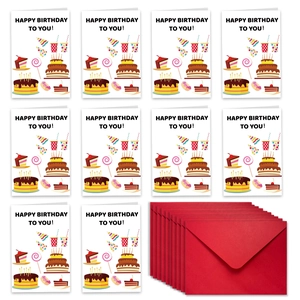 Set of 10 funny birthday cards with colorful party elements and red envelopes