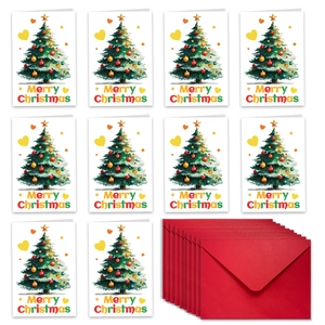 Lot de 10 cartes de Noël avec sapins aquarelle et 10 enveloppes rouges alignées avec soin