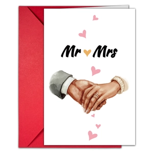 Λεπτομέρεια της κάρτας Mr & Mrs για τον Άγιο Βαλεντίνο με κόκκινο φάκελο και σχέδιο ζευγάρι