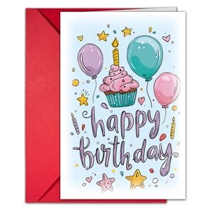 Detail einer Geburtstags-Grußkarte mit Aquarell-Cupcake, Ballons und rotem Umschlag