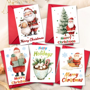 Cartes de Vœux de Noël Et Enveloppes Rouges Illustration du Père Noël à l'Aquarelle pour Fête de Joyeuses Fêtes