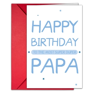 Primer plano de tarjeta Happy Birthday Papa con sobre rojo y patrones de estrellas