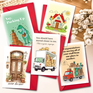 New Home Housewarming Greeting Cards And Red Envelopes Cartoon Dinosaur House Truck Illustration Message Greeting Cards