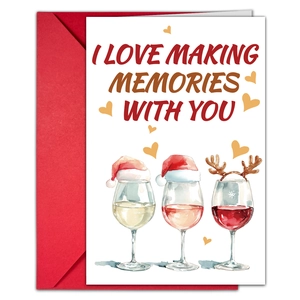Detail of greeting card with watercolor wine glasses and red envelope for memories