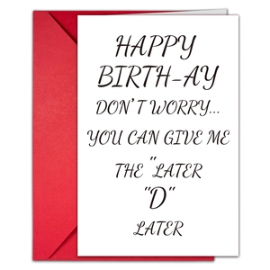 Detail showing creative greeting card with humorous English text and vibrant red envelope