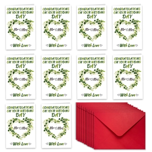 Detail of Mr & Mrs wedding cards set with green leaf heart wreath and red envelopes