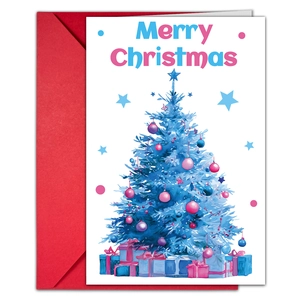Vue détaillée d'une carte de Noël avec un sapin aquarelle et son enveloppe rouge