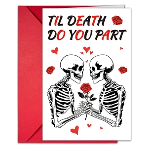 Carte de Saint-Valentin gothique avec squelettes, enveloppe rouge et texte romantique