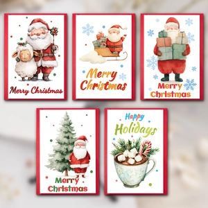 Lot de 5 cartes de Noël à l'aquarelle avec enveloppes, Père Noël et rennes festifs