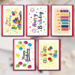 Five assorted colorful Happy Birthday cards set with balloons and cake designs