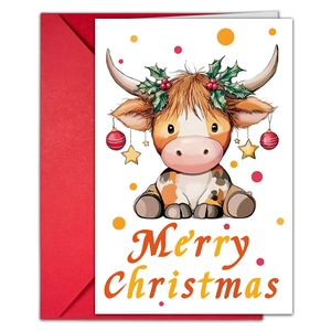Close-up of cute cartoon highland cow Christmas card with a bright red festive envelope