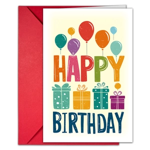 Details einer Geburtstags-Aquarellkarte mit bunten Ballons und rotem Umschlag