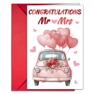 Detailed view of wedding card with pink vintage car, roses and red envelope set