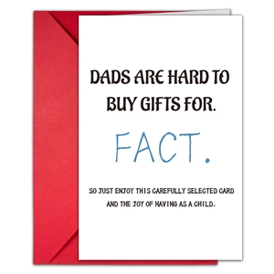 Close-up of humorous Father's Day card with red envelope and white cardstock texture