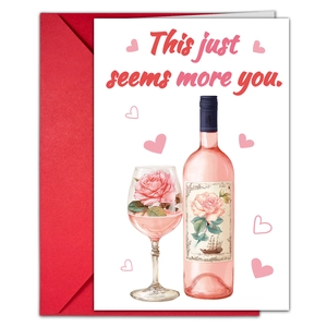 Primer plano de tarjeta de San Valentín con botella de vino en acuarela y sobre rojo