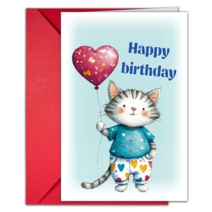 Détail d'une carte d'anniversaire chat à l'aquarelle avec enveloppe rouge et ballon