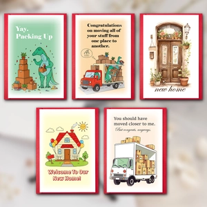 Set of 5 creative cartoon moving day thank you cards with envelopes and illustrations